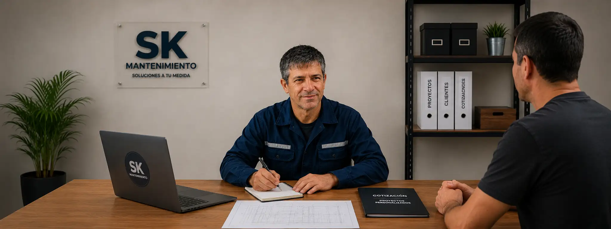 Sergio en su oficina, reunión de cotización